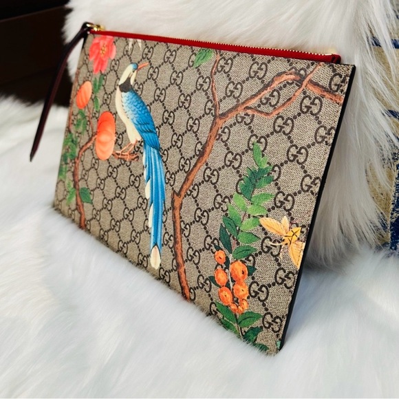 Gucci GG Supreme Floral & Bird Clutch with Red Trim